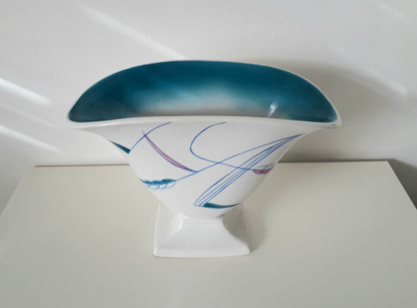 Mid century 1950s Burleigh Ware teal blue and white wheat design vase