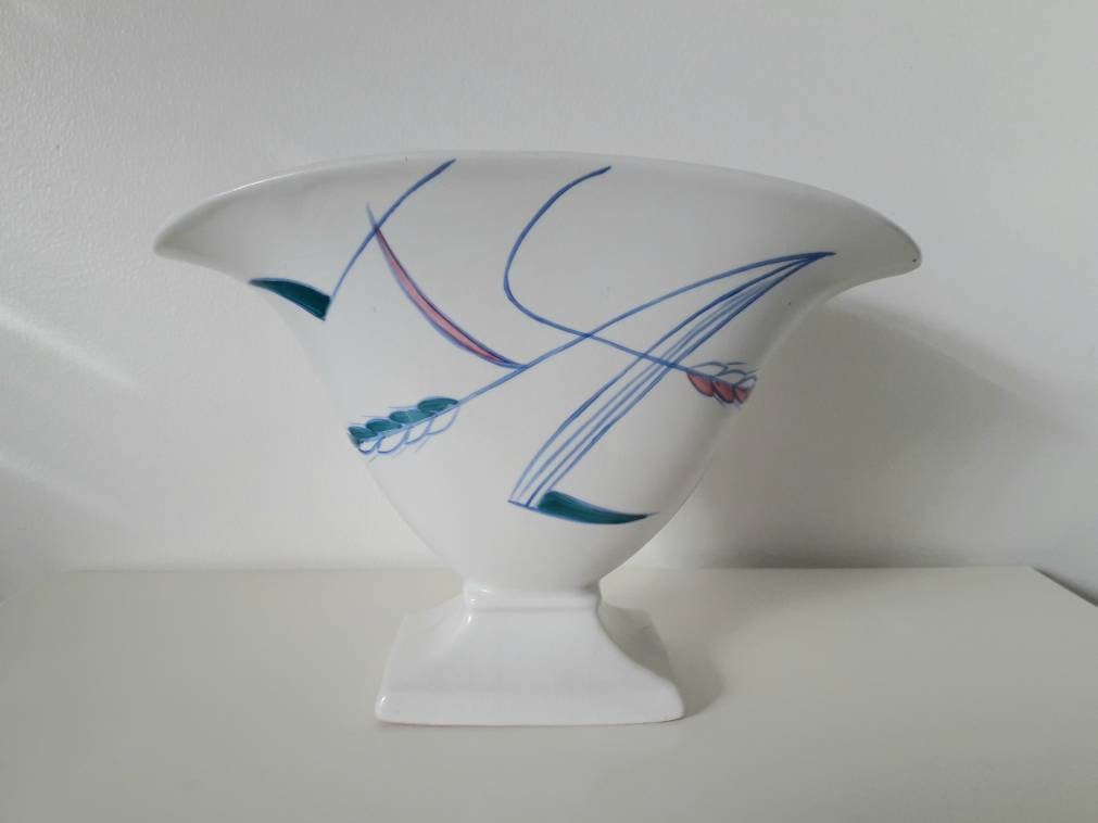 Mid century 1950s Burleigh Ware teal blue and white wheat design vase