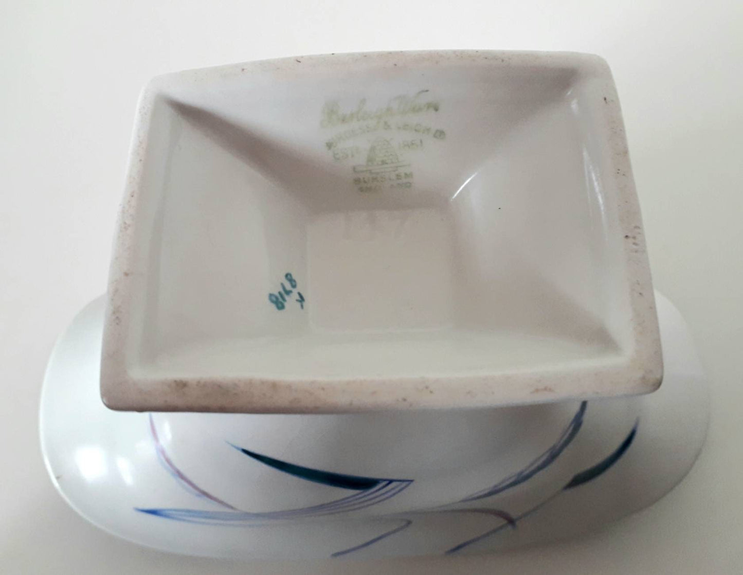 Mid century 1950s Burleigh Ware teal blue and white wheat design vase
