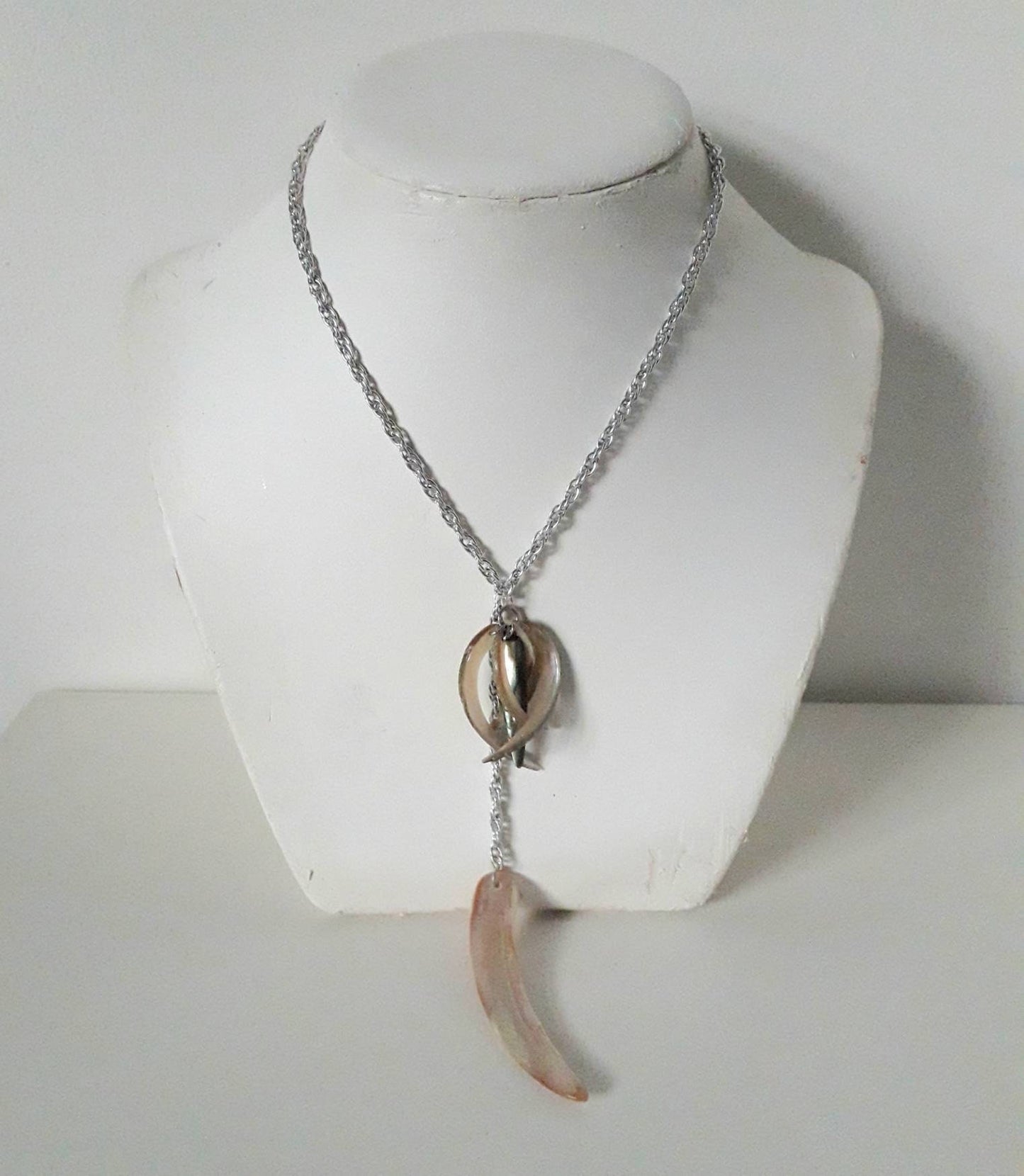 Hand made silvertone & mother of pearl tassel statement necklace