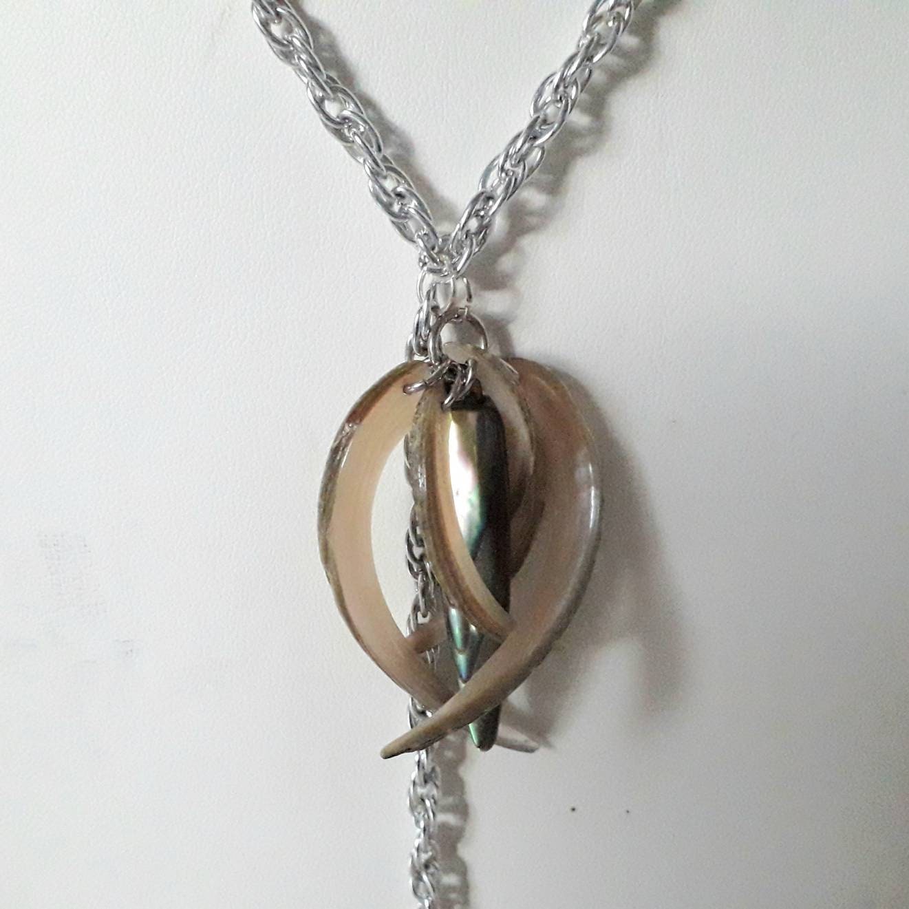 Hand made silvertone & mother of pearl tassel statement necklace