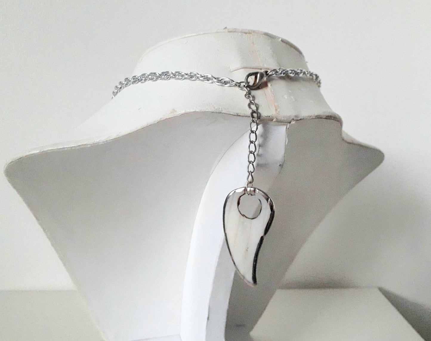 Hand made silvertone & mother of pearl tassel statement necklace
