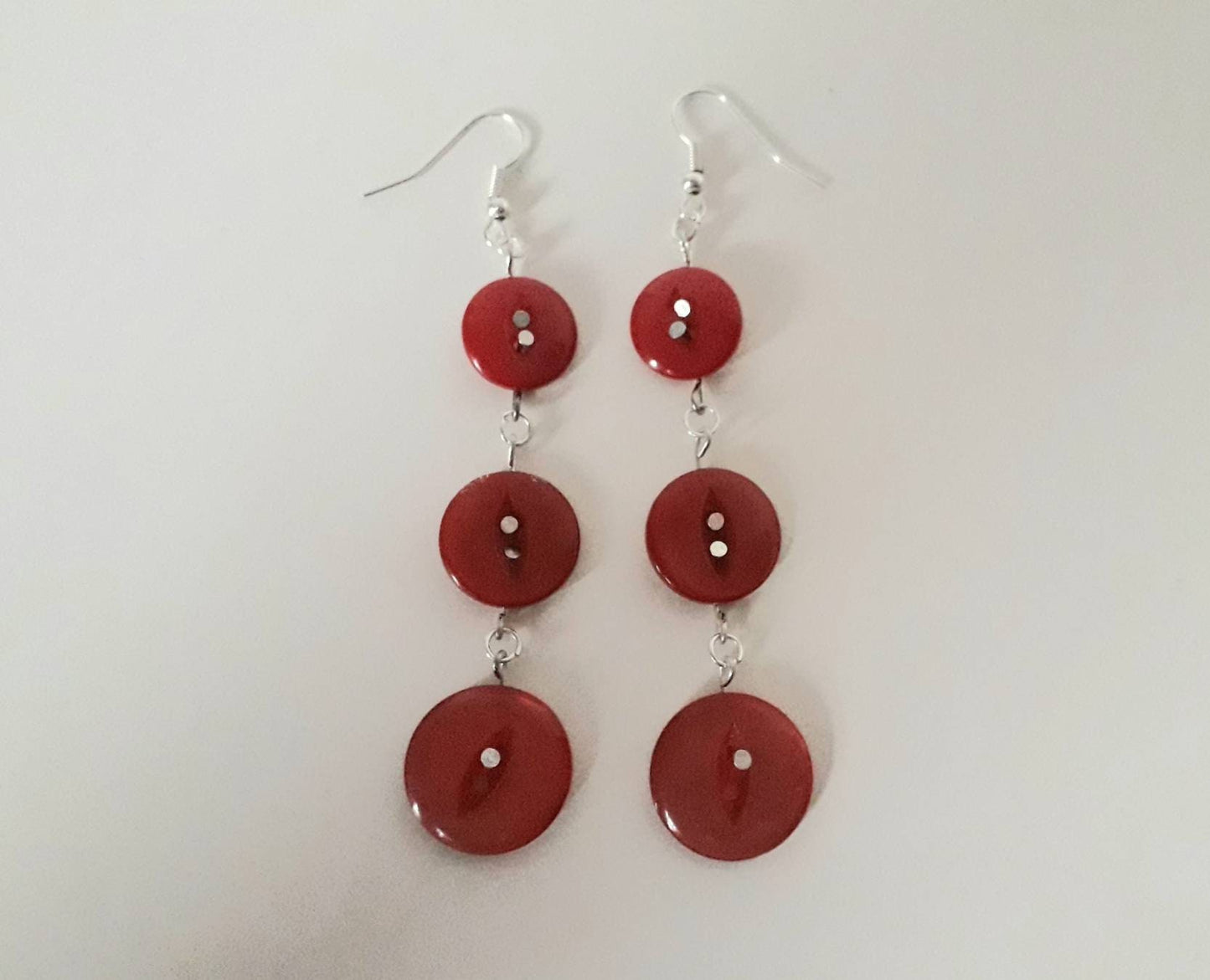 Hand made red vintage button dangly earrings