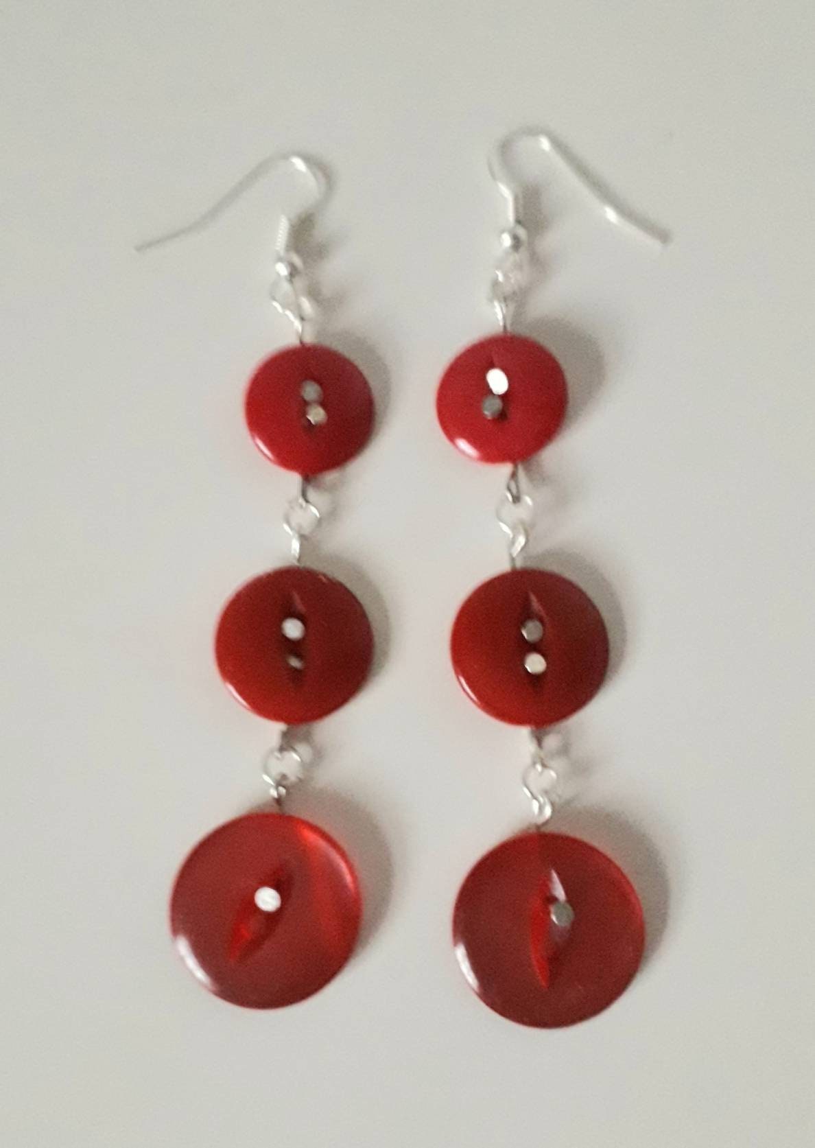 Hand made red vintage button dangly earrings
