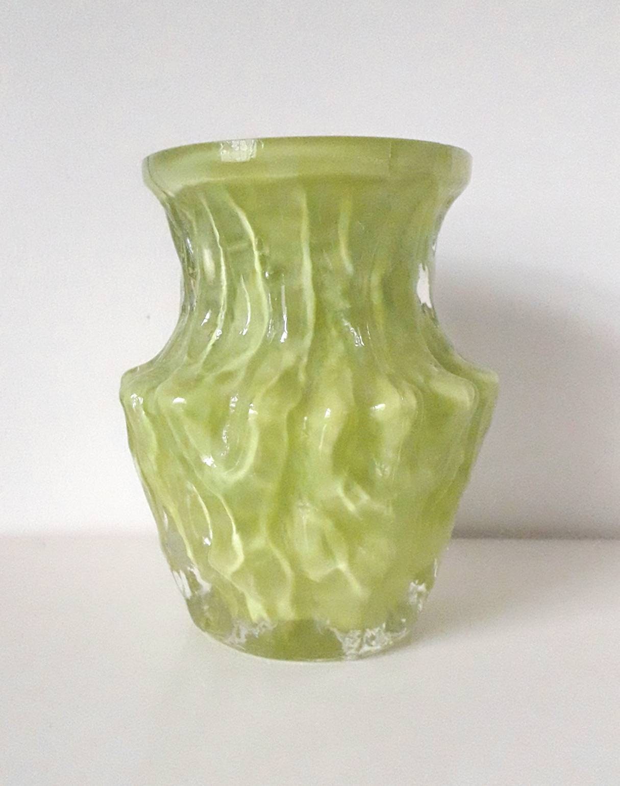 Mid century German Ingrid Glashutte lime green bark textured glass vase