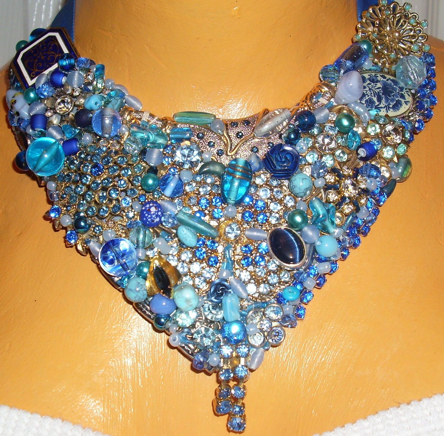Hand made blue bead and rhinestone statement necklace