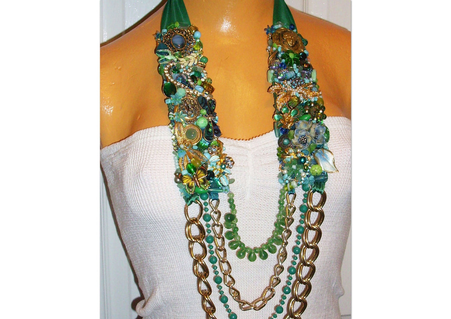 Hand made green & blue rhinestone and beaded statement necklace