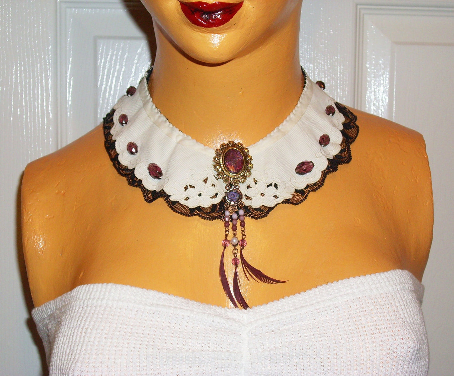 Hand made purple crystal peter pan collar necklace with detachable brooch