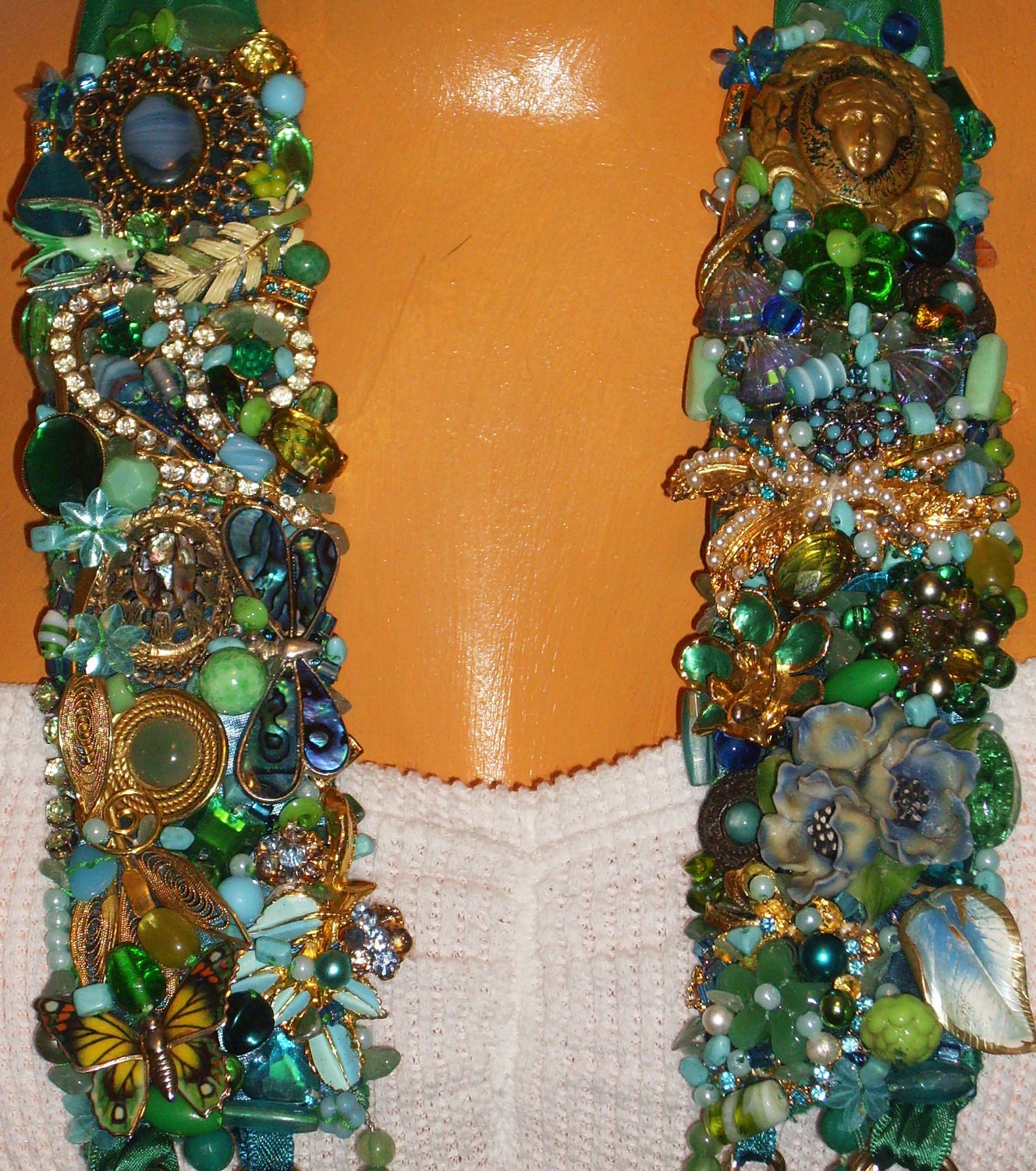 Hand made green & blue rhinestone and beaded statement necklace