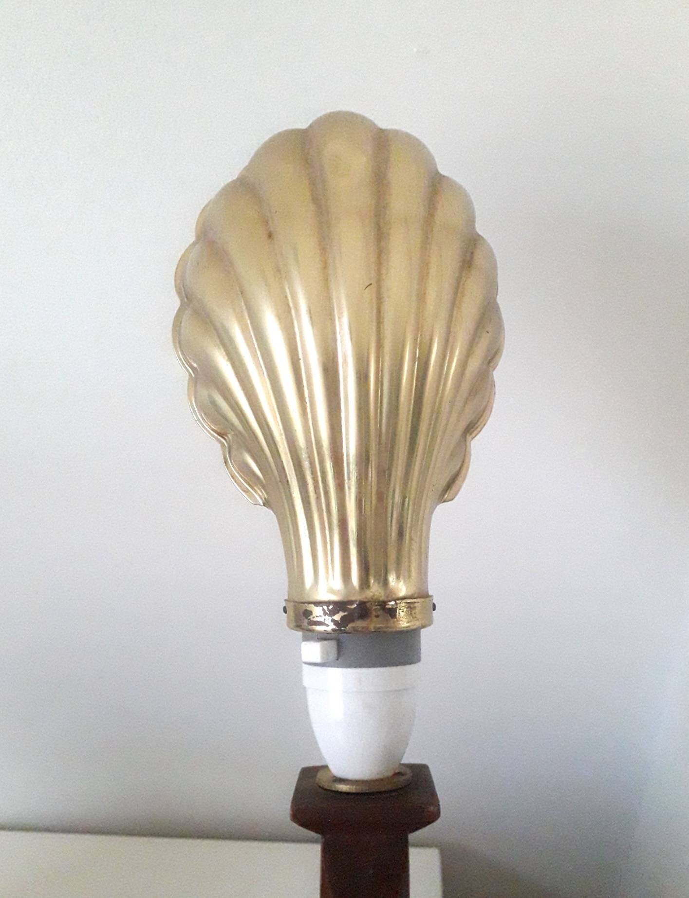 Wooden bookstand lamp with brass metal scallop shell light shade