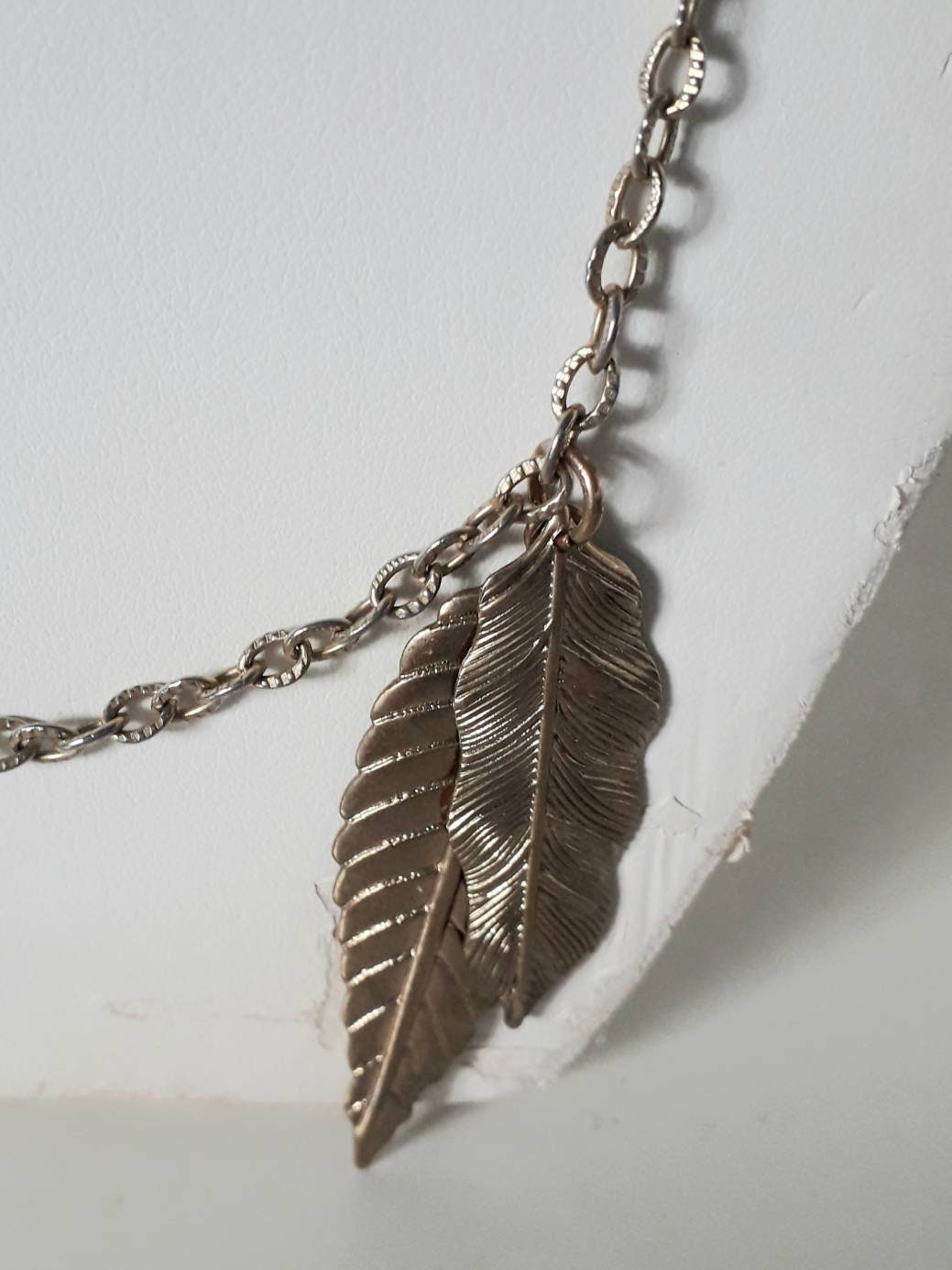 Hand made multi strand goldtone chain and leaf pendant necklace