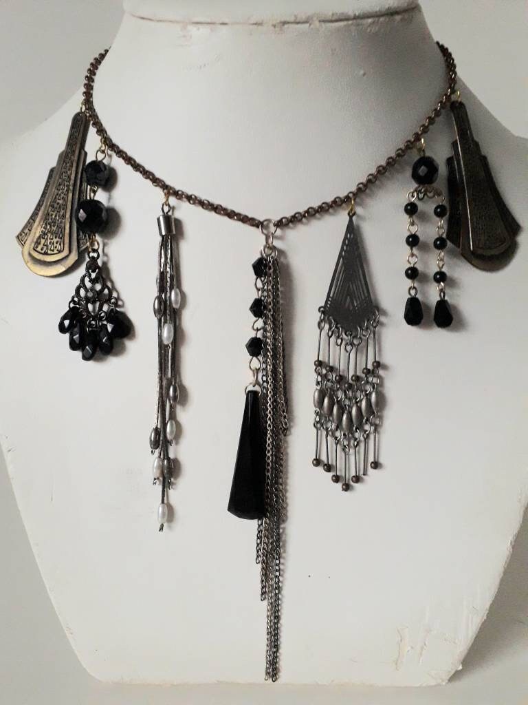 Hand made gold and silvertone & black facetted bead tassel necklace