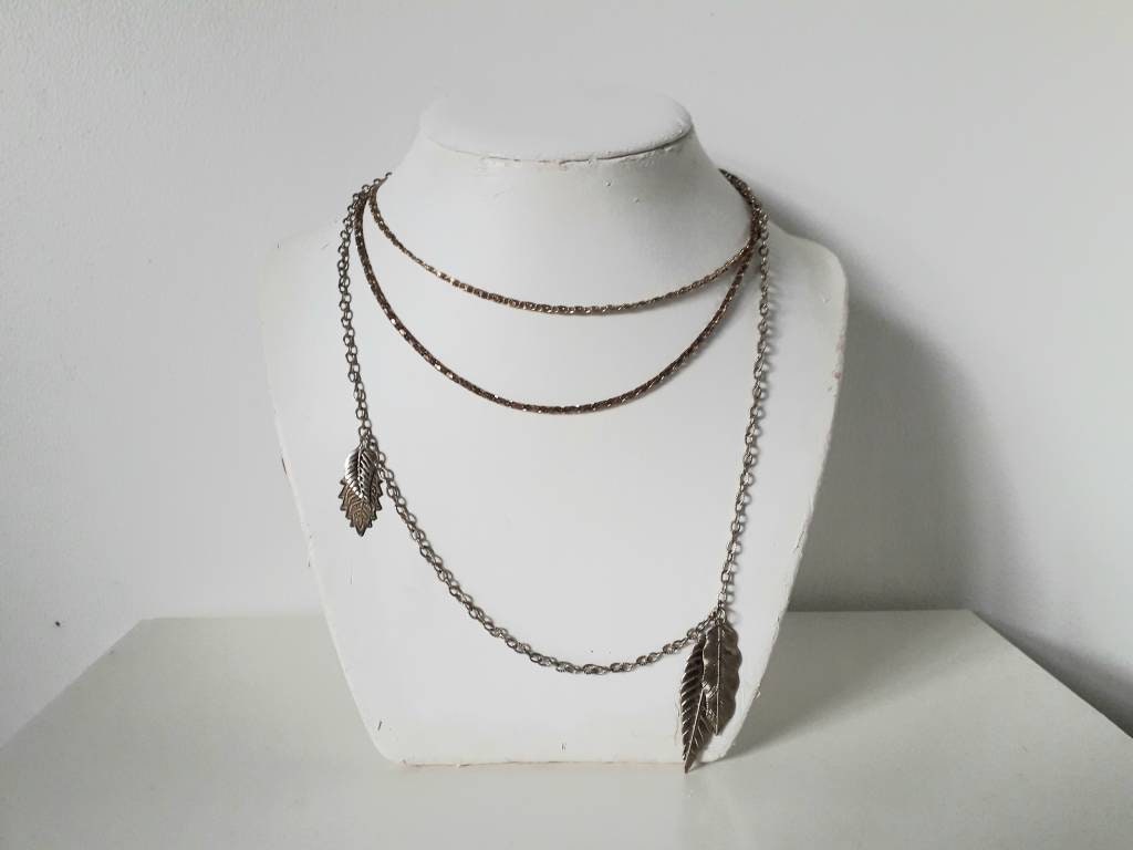 Hand made multi strand goldtone chain and leaf pendant necklace