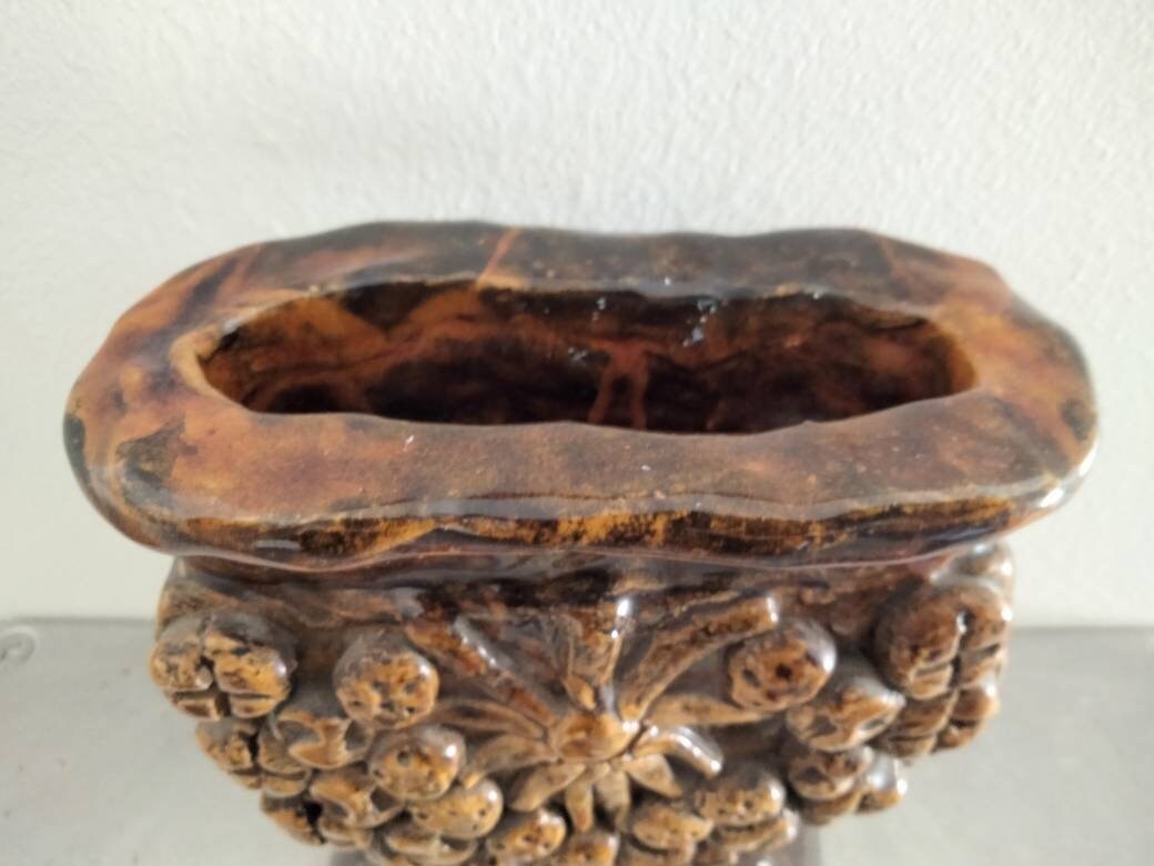 1990s hand made primitive studio pottery brown textured vase