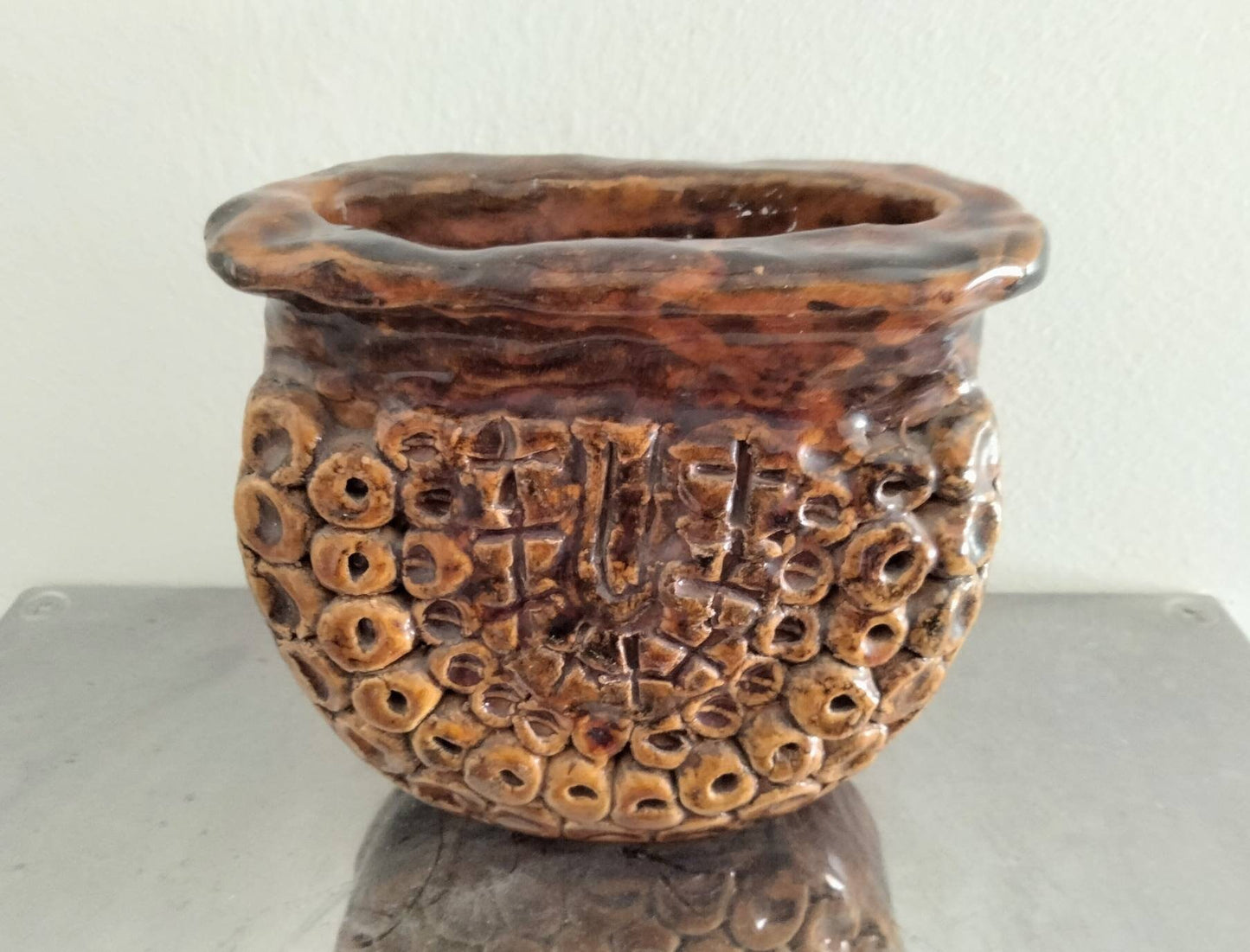 1990s hand made primitive studio pottery brown textured vase