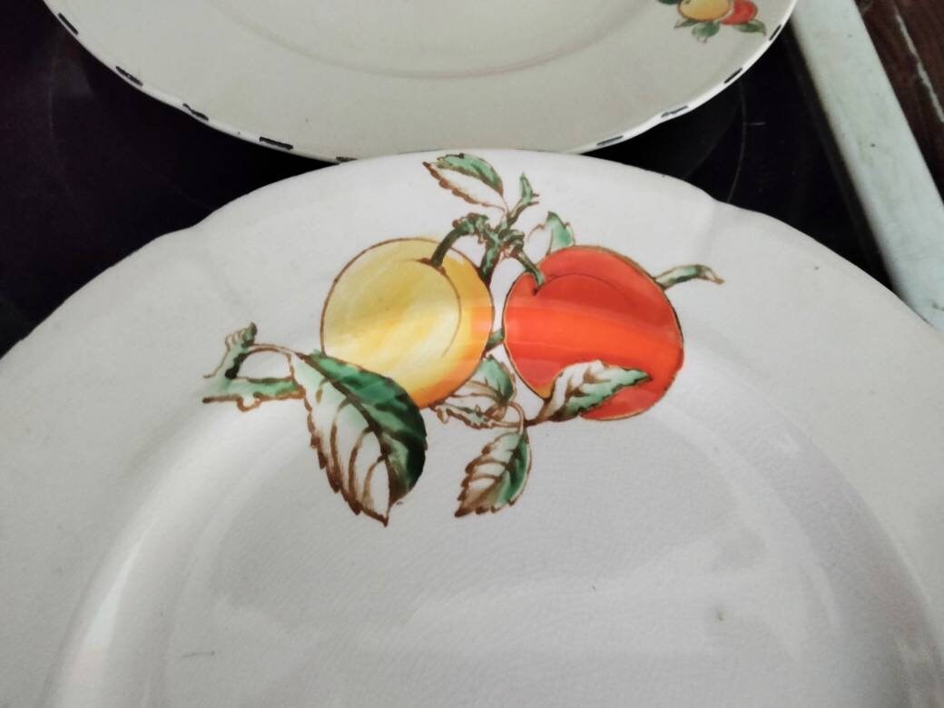 Set of 6 art deco hand painted Green & Co Gresley fruit pattern 9" dinner plates