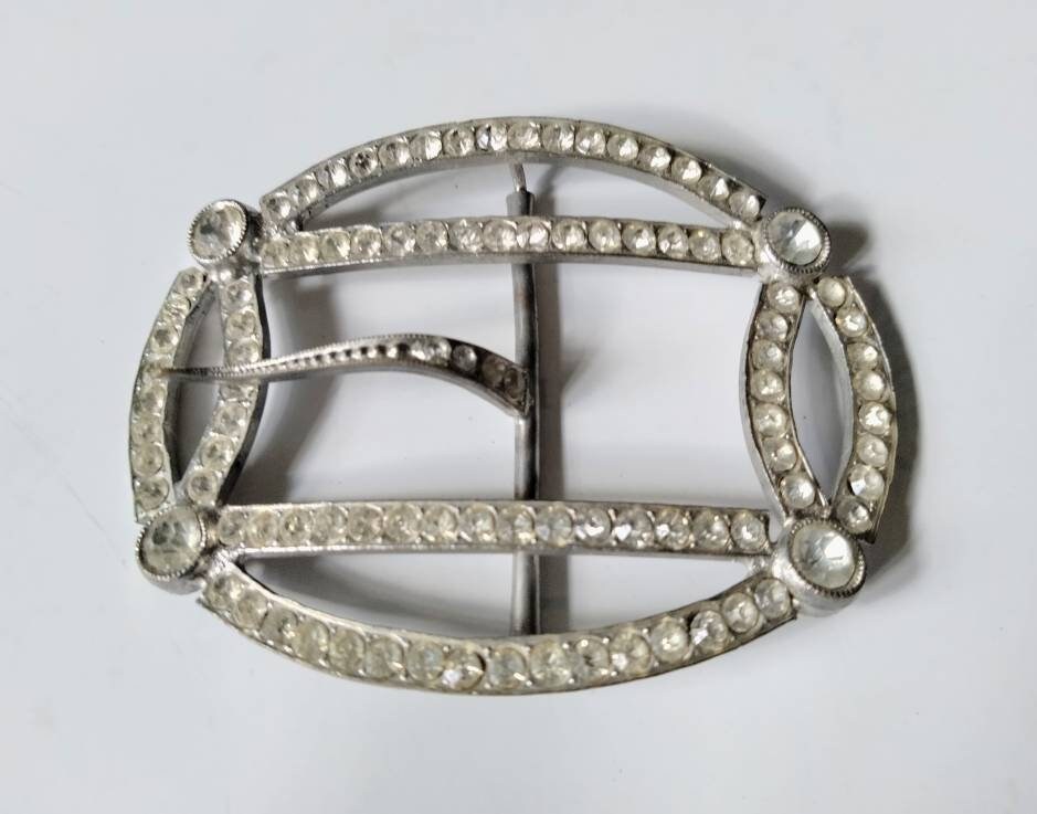 Antique Edwardian silvertone & clear rhinestone geometric belt buckle