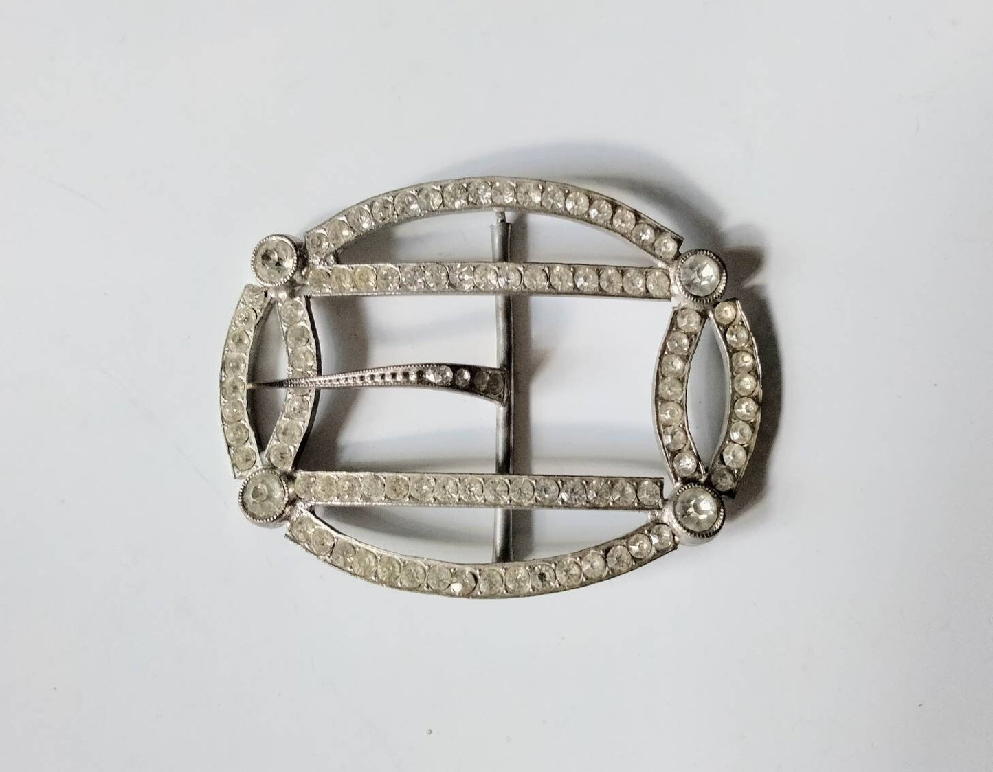 Antique Edwardian silvertone & clear rhinestone geometric belt buckle