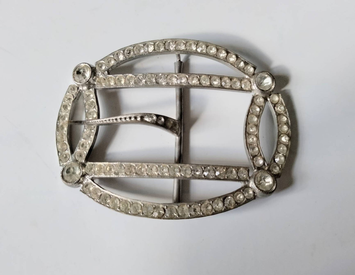 Antique Edwardian silvertone & clear rhinestone geometric belt buckle