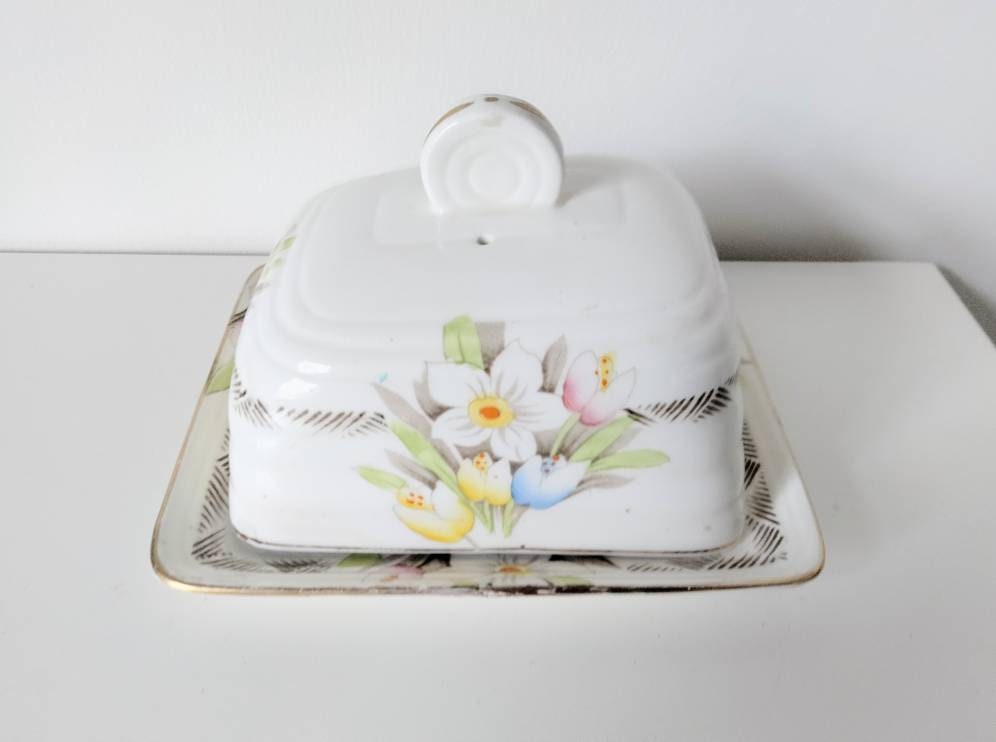Art deco hand painted spring bulb flower design cheese or butter lidded dish