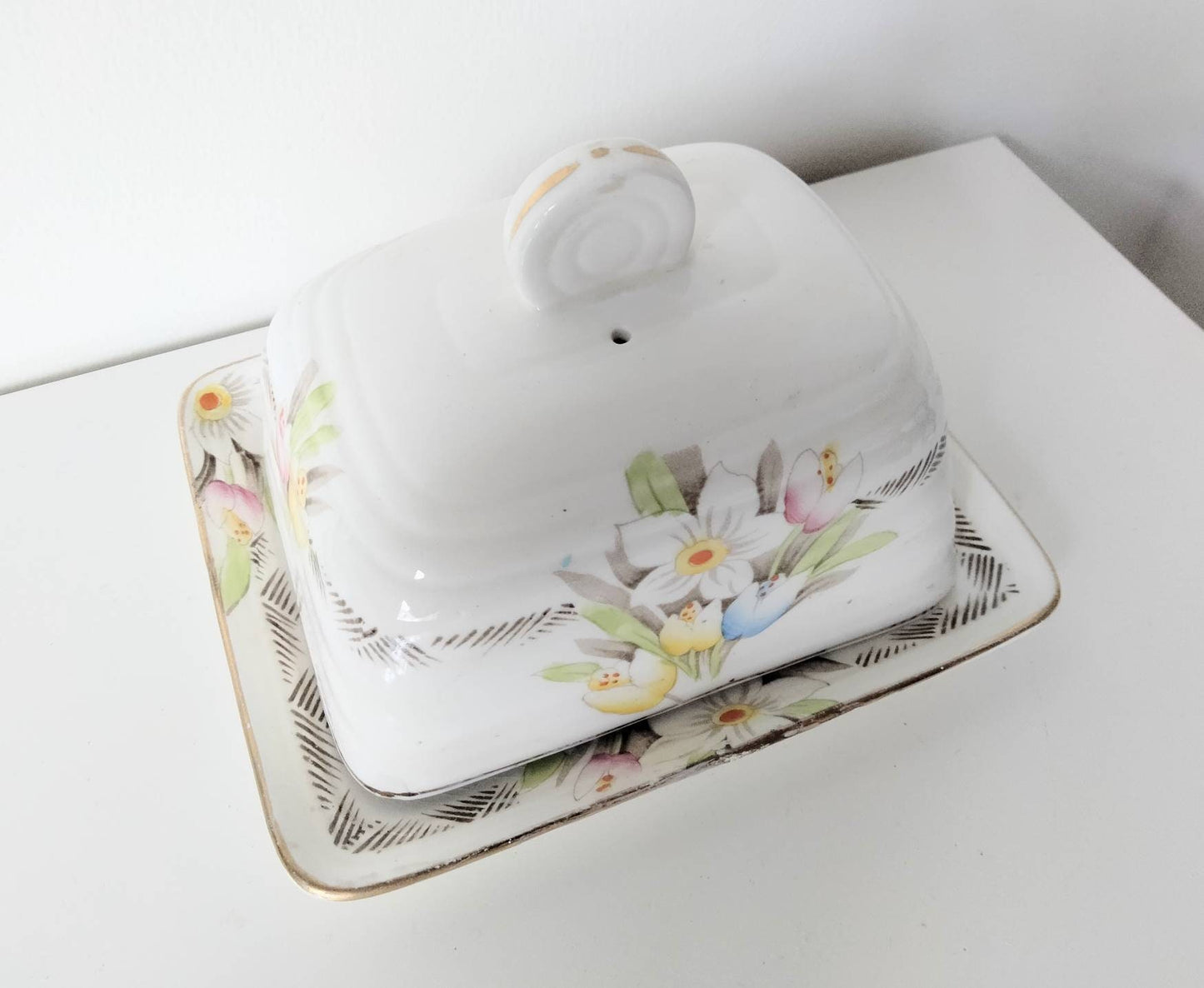 Art deco hand painted spring bulb flower design cheese or butter lidded dish