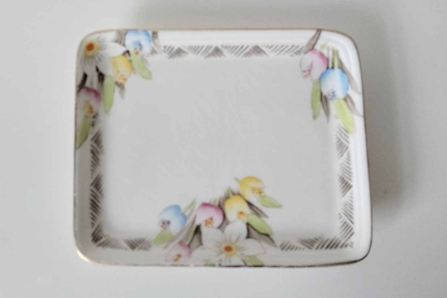 Art deco hand painted spring bulb flower design cheese or butter lidded dish
