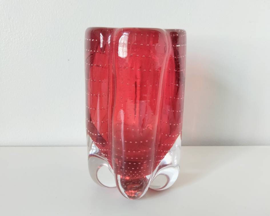 Mid Century Whitefriars Ruby Red Glass Controlled Bubble Lobed Vase