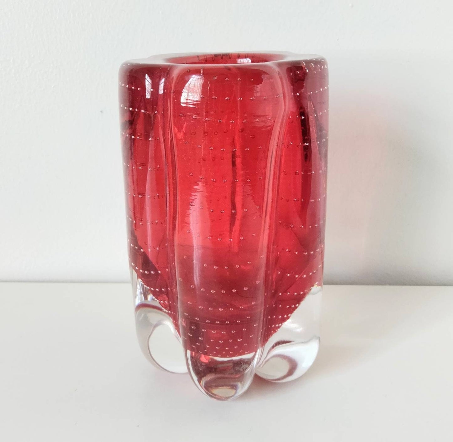 Mid Century Whitefriars Ruby Red Glass Controlled Bubble Lobed Vase