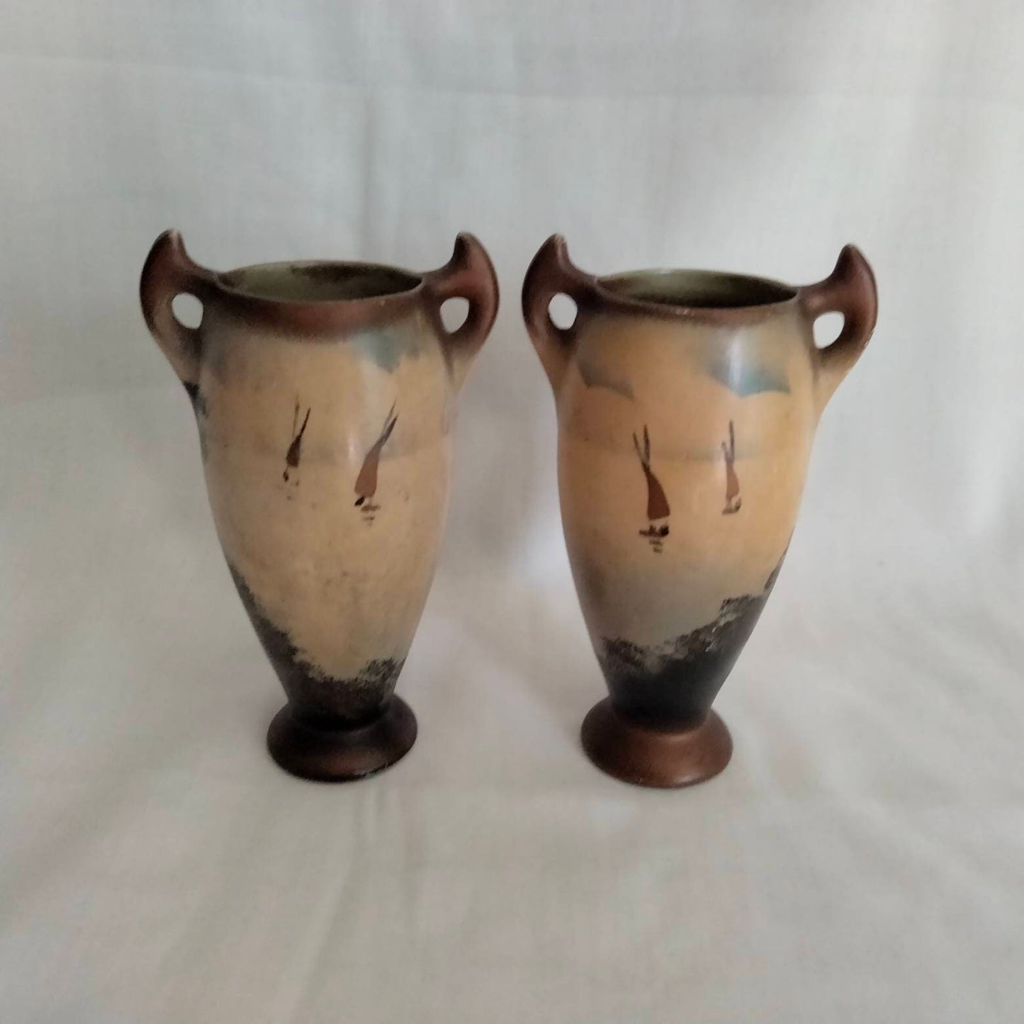 Pair of art deco Japanese hand painted vases with ship design