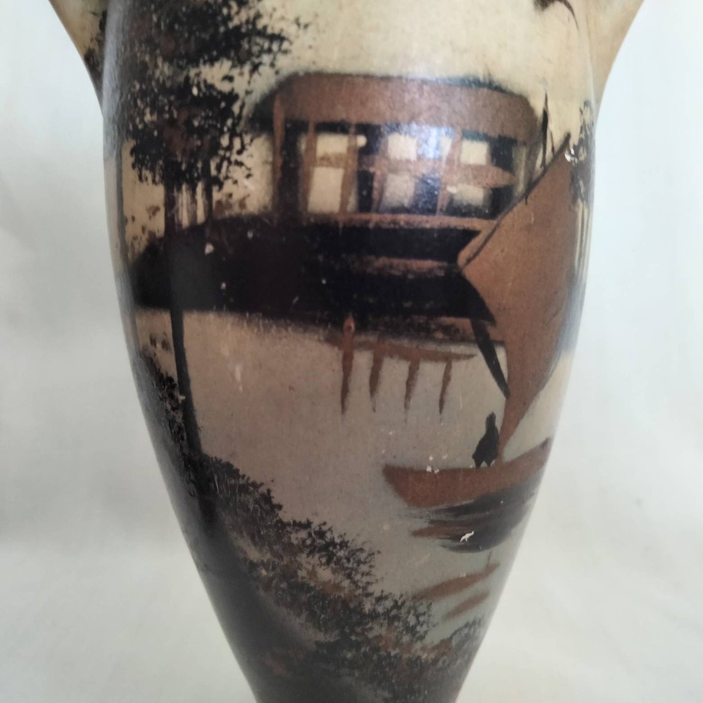 Pair of art deco Japanese hand painted vases with ship design
