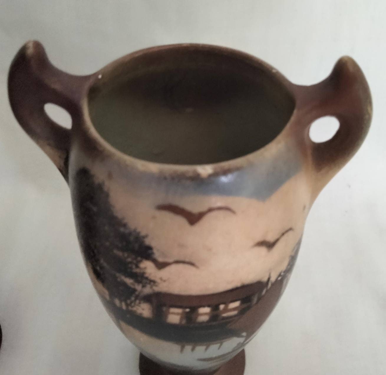 Pair of art deco Japanese hand painted vases with ship design