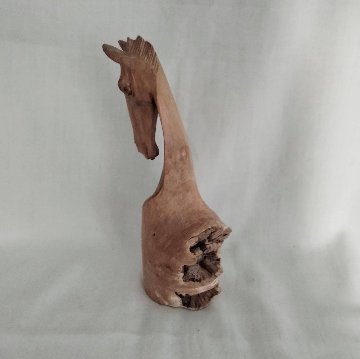 Pair of hand carved rustic wooden root horse bust statues