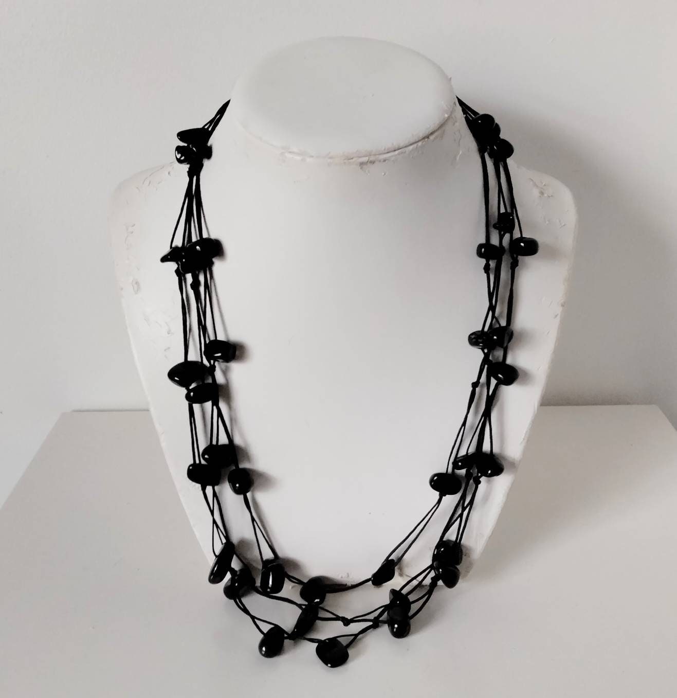 Multi stranded black agate stone chip bead necklace