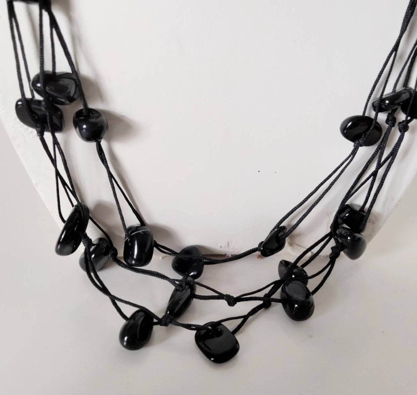 Multi stranded black agate stone chip bead necklace