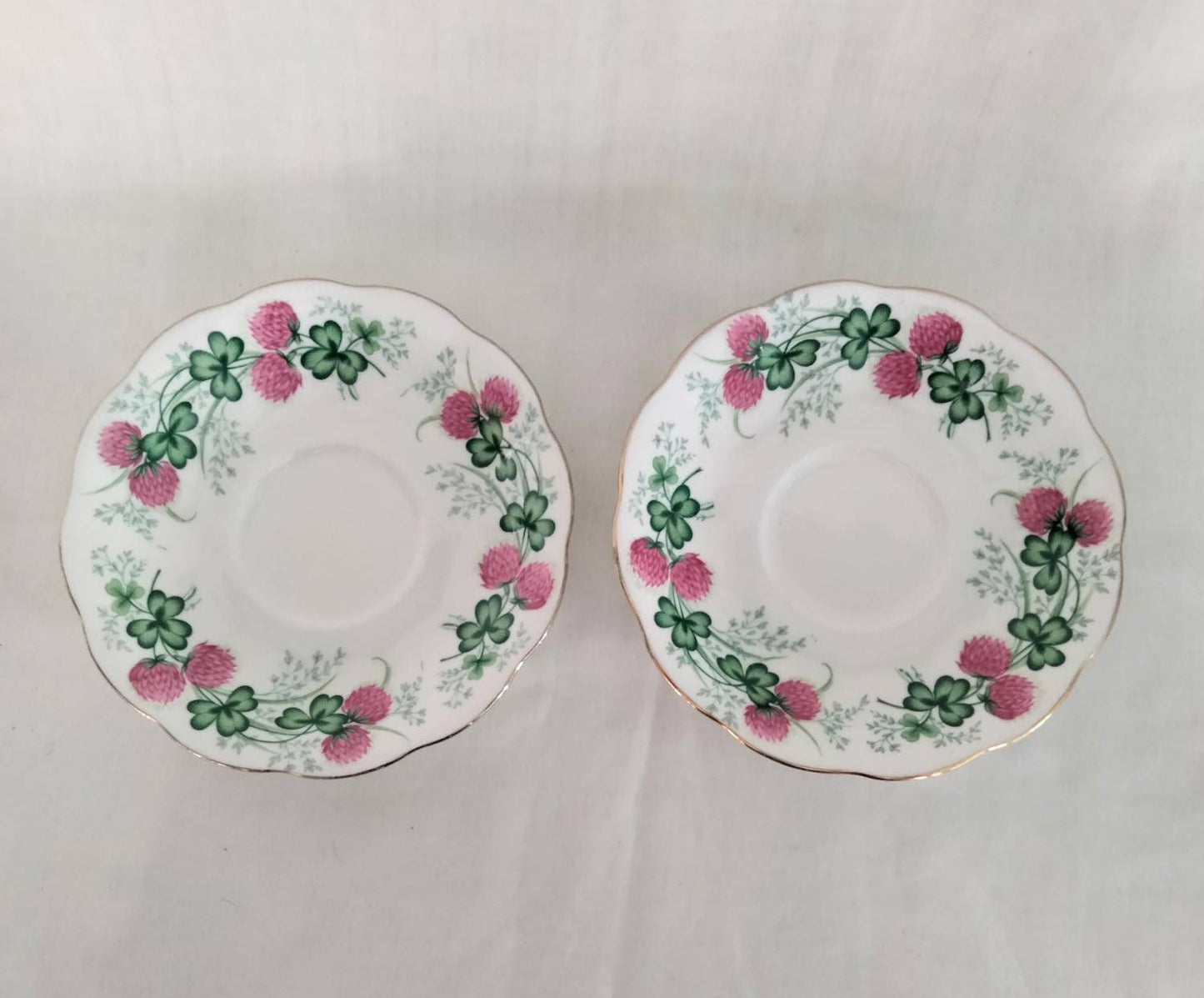 Two 1950s Royal Albert Bone China Lucky Clover Saucers With Pink & Green Pattern