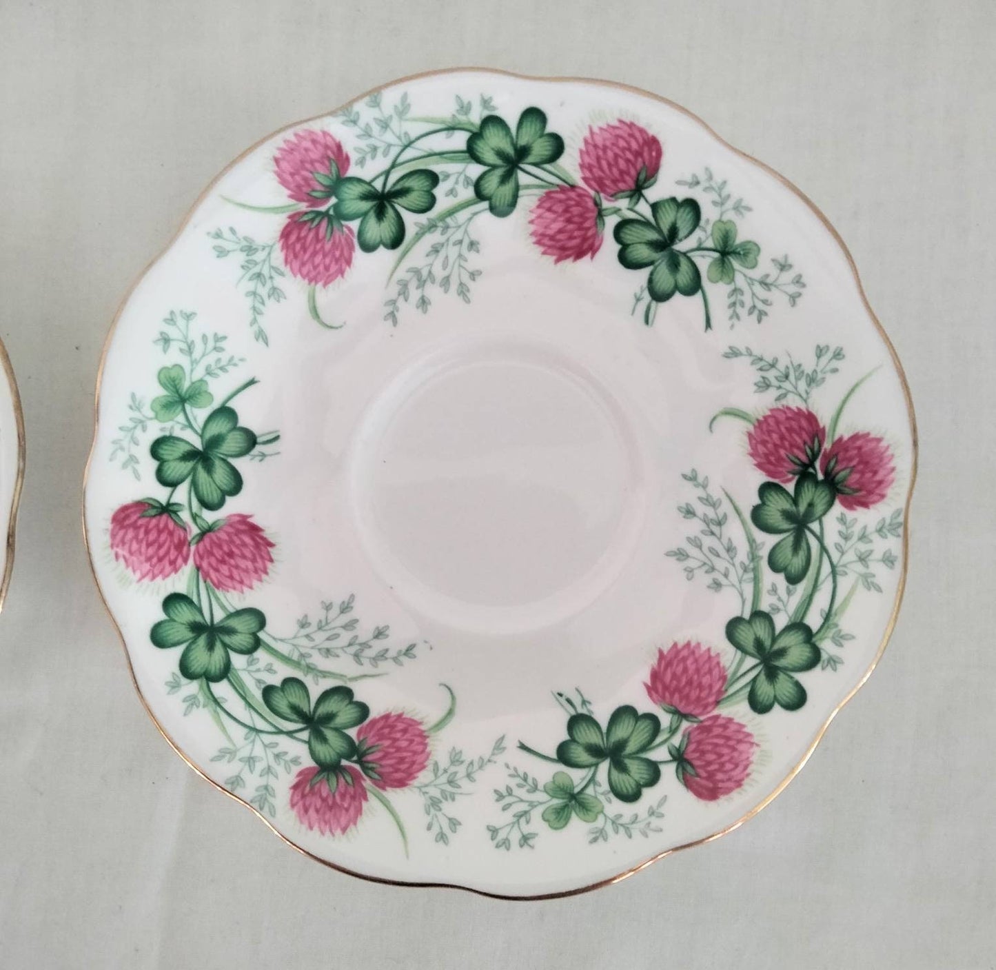 Two 1950s Royal Albert Bone China Lucky Clover Saucers With Pink & Green Pattern