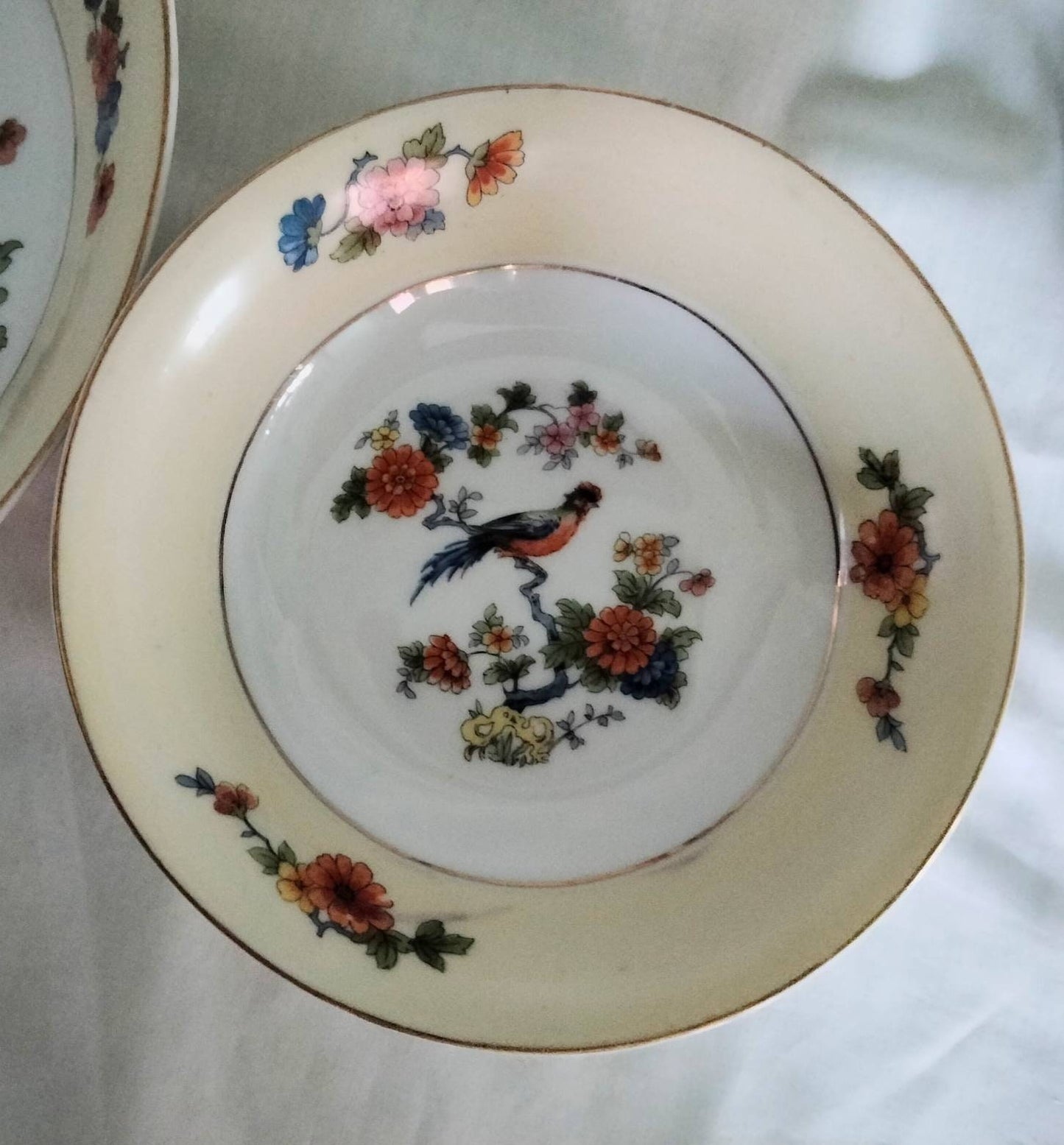 Mid century red & yellow bird & flower design dessert bowl set
