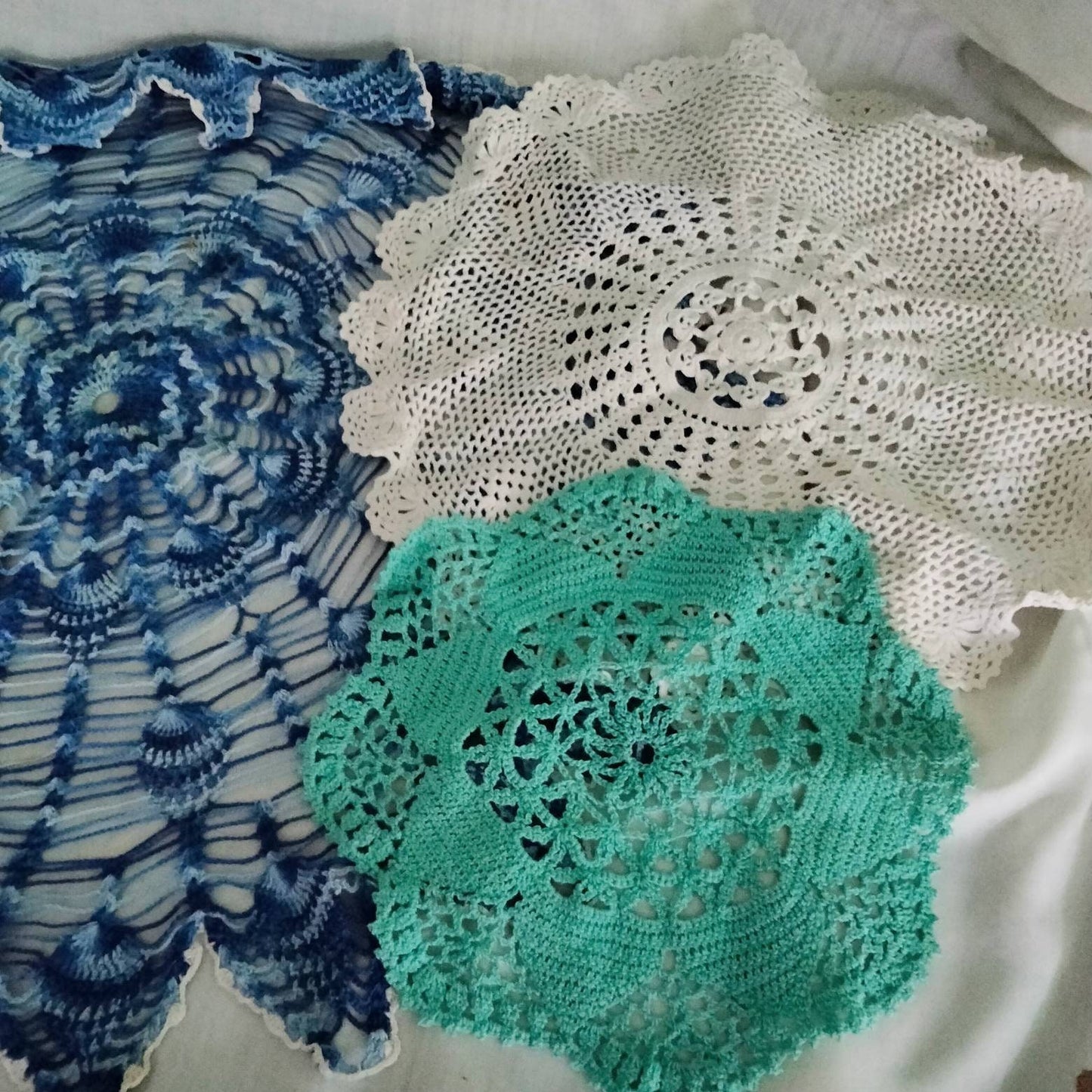 Lot of 6 hand made mid century crochet doilies white blue yellow
