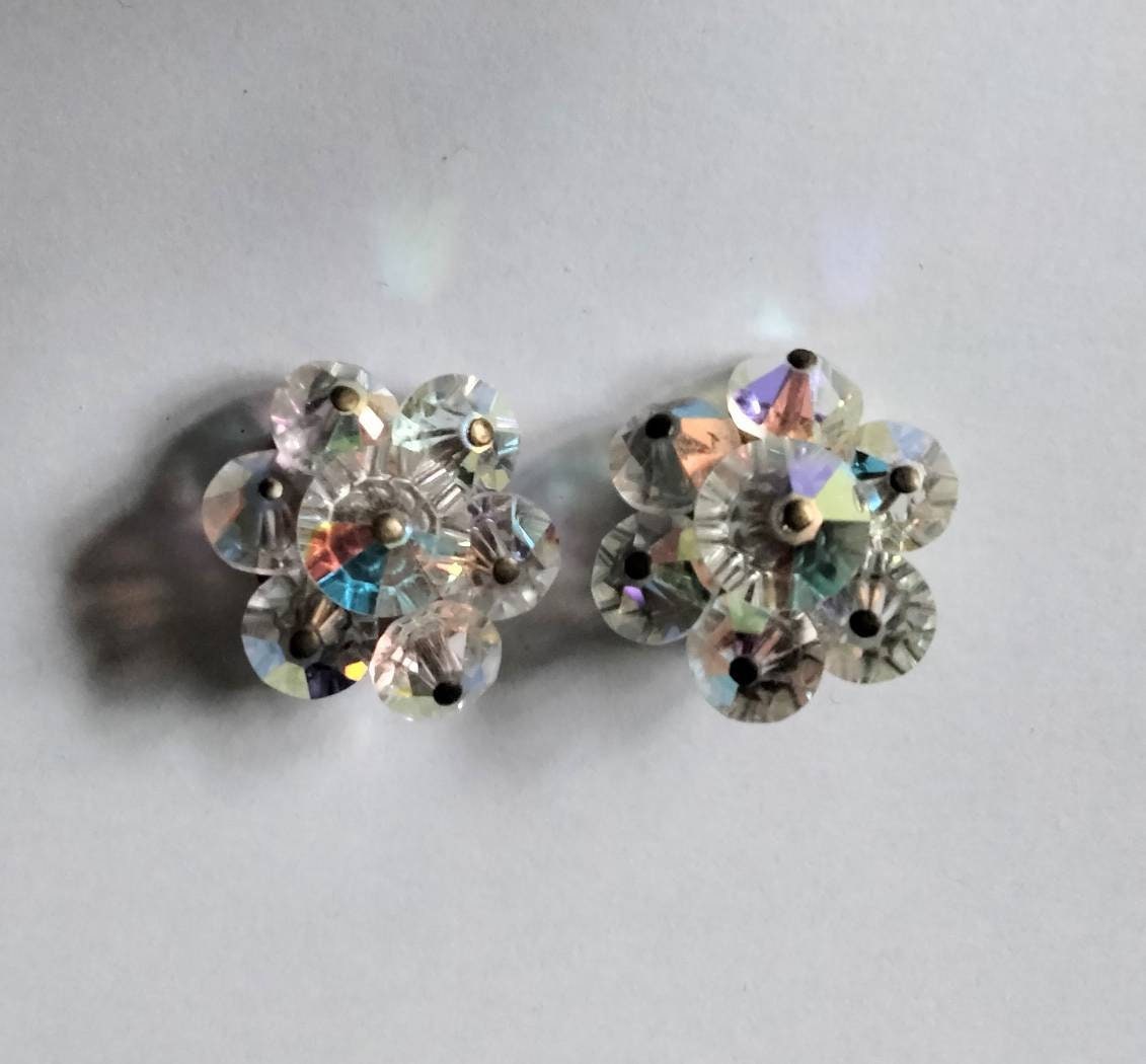 1950s aurora borealis crystal cluster clip earrings