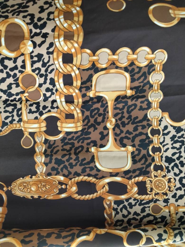 1980s brown & gold leopard & chain print large square scarf 46"