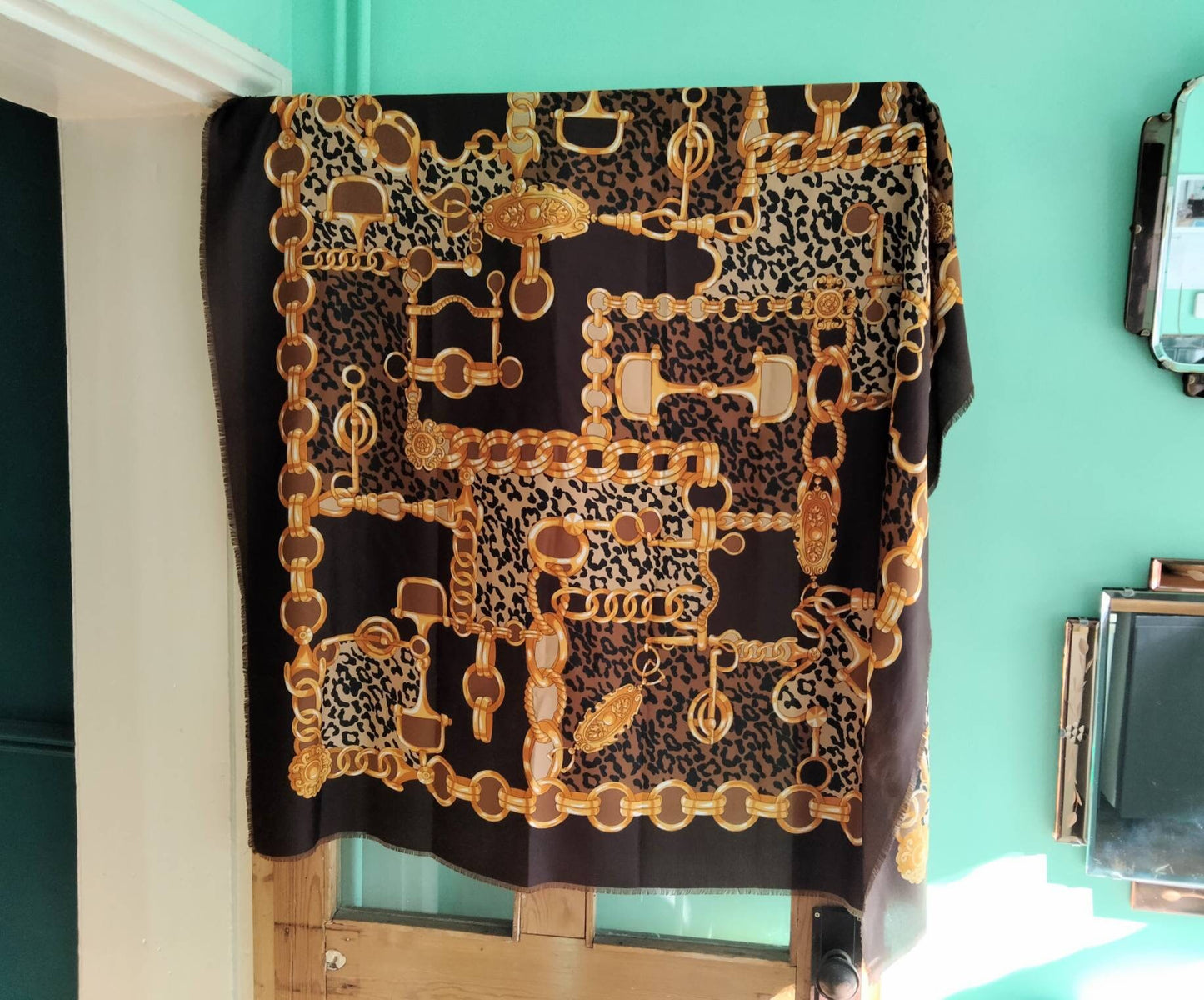 1980s brown & gold leopard & chain print large square scarf 46"