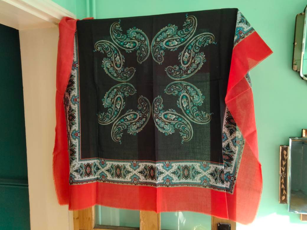 1970s red and black paisley print large square scarf wrap 49"