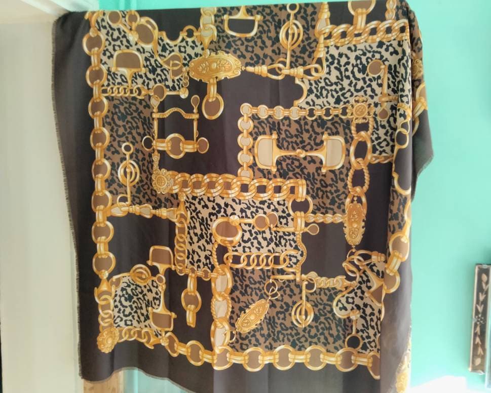 1980s brown & gold leopard & chain print large square scarf 46"