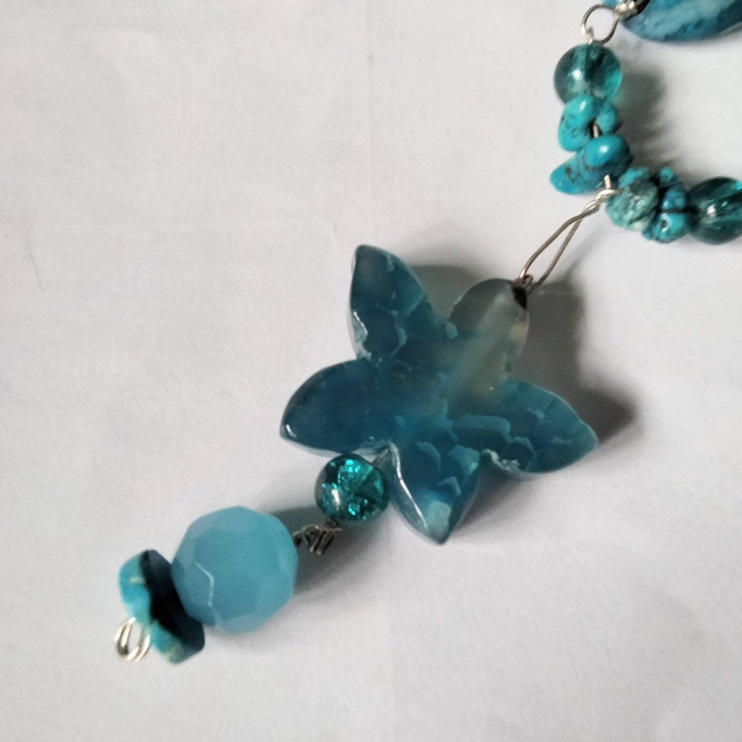 Silvertone and blue quartz & turquoise semi precious stone necklace