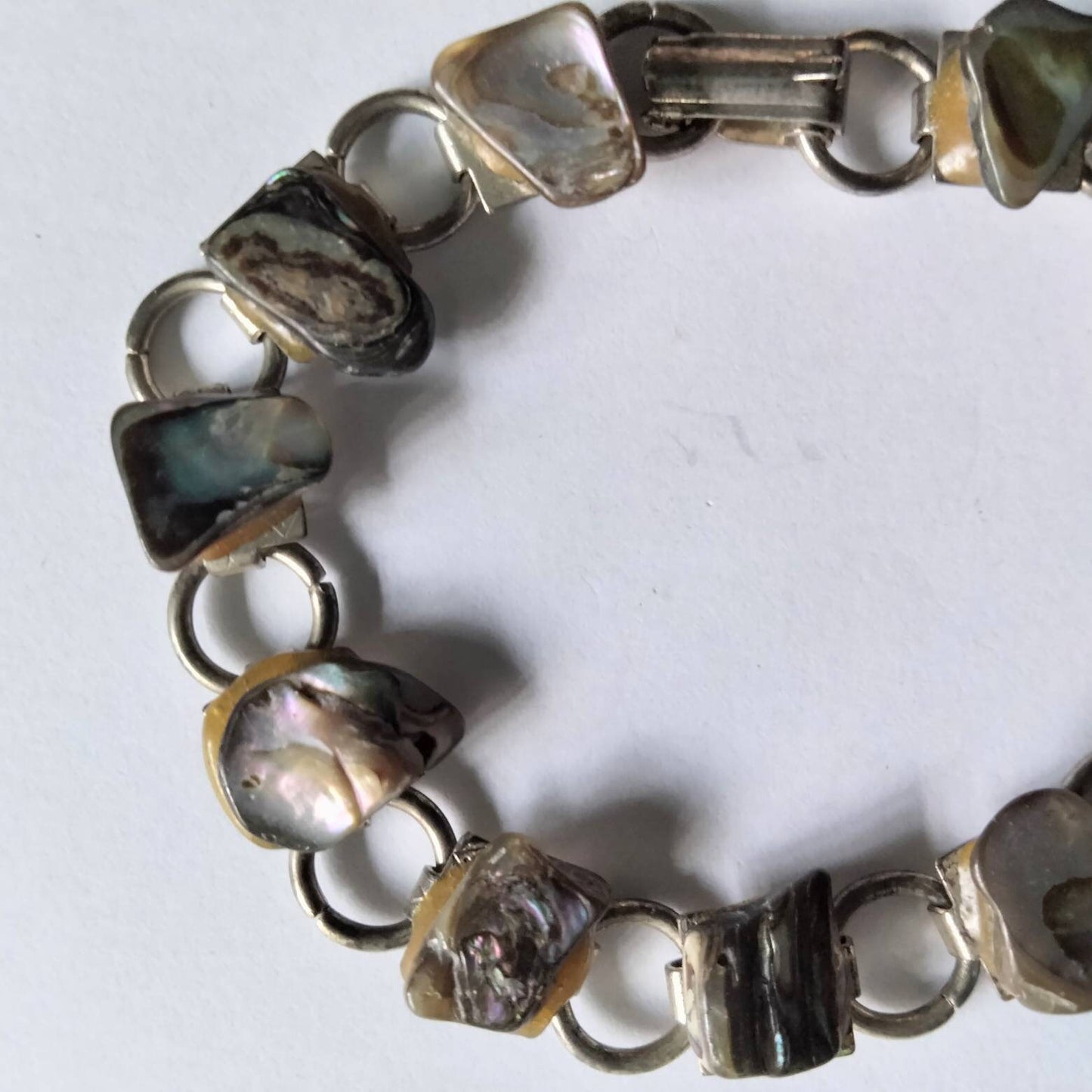 1970s silvertone & blue, green & pink abalone shell bracelet