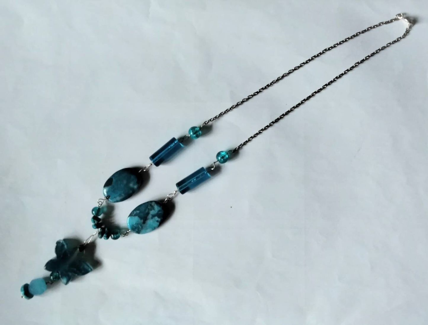 Silvertone and blue quartz & turquoise semi precious stone necklace