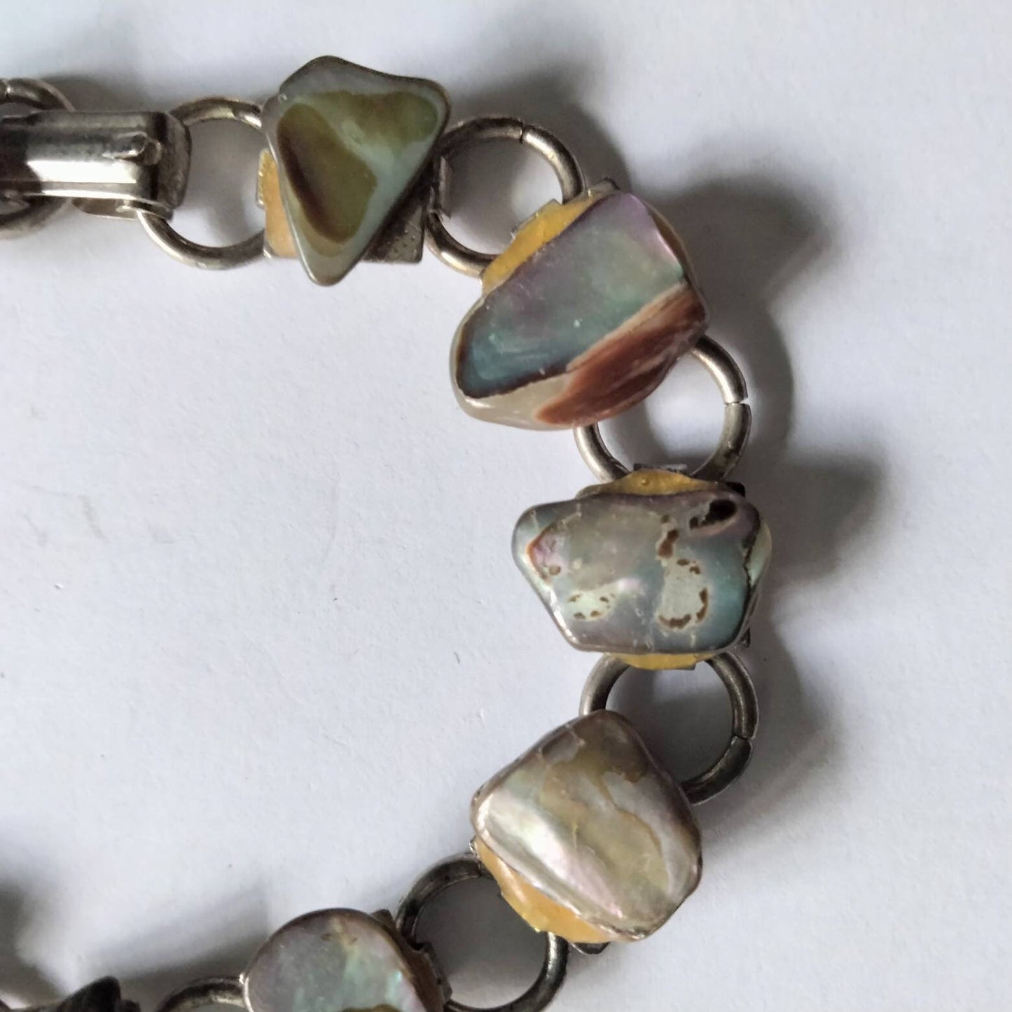 1970s silvertone & blue, green & pink abalone shell bracelet
