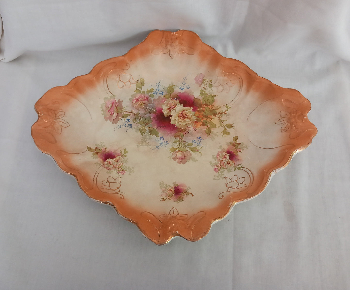 Antique Victorian Flower Print Diamond Shaped Large Bowl 13.5"
