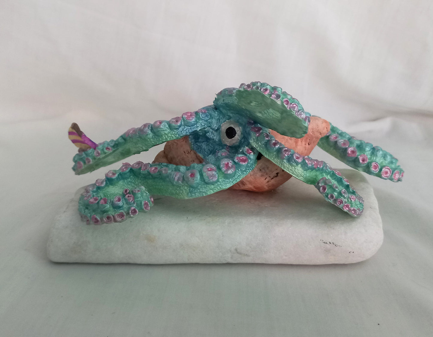 Hand made OOAK blue & green Kraken squid octopus assemblage sculpture on marble base