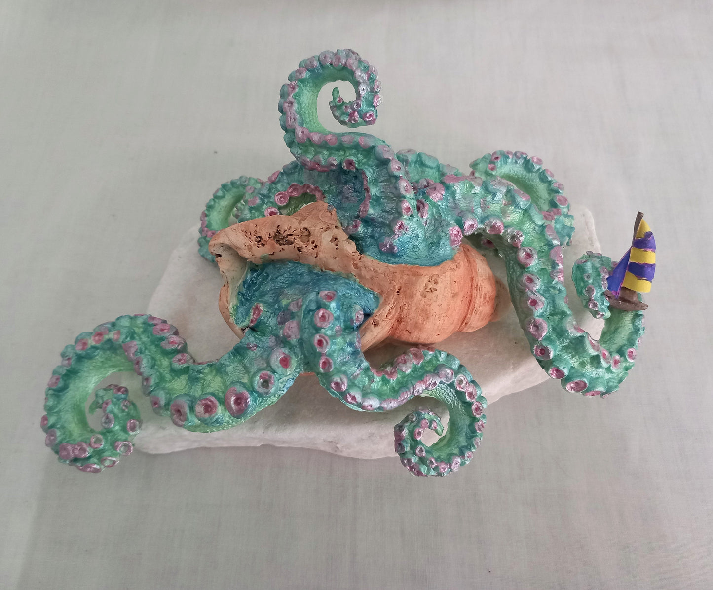 Hand made OOAK blue & green Kraken squid octopus assemblage sculpture on marble base